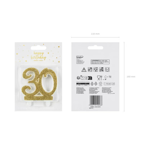 Sviečka na tortu číslo 30 zlatá trblietavá