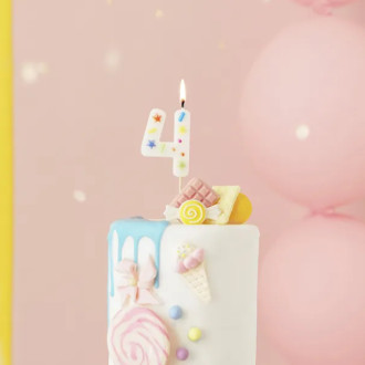 Sviečka na tortu číslo 4 biela s konfetami