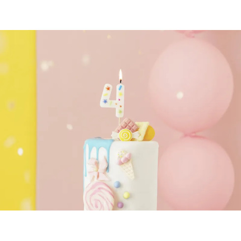 Sviečka na tortu číslo 4 biela s konfetami