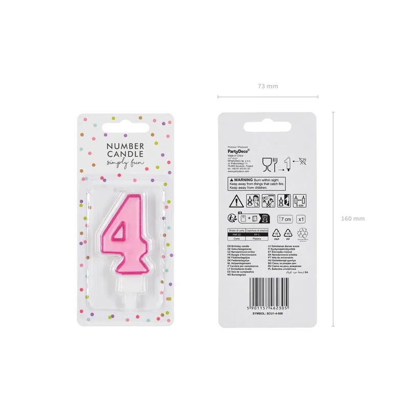 Rózsaszín tortagyertya 4-es szám, 7 cm