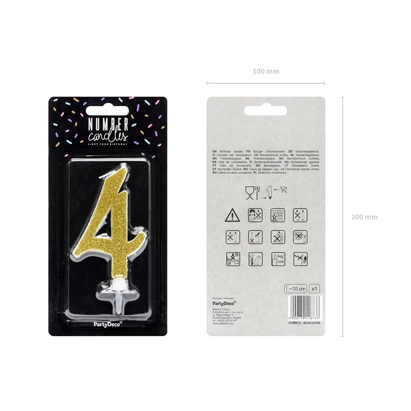 Lumânare pentru tort cifră 4, aurie cu sclipici, 10 cm