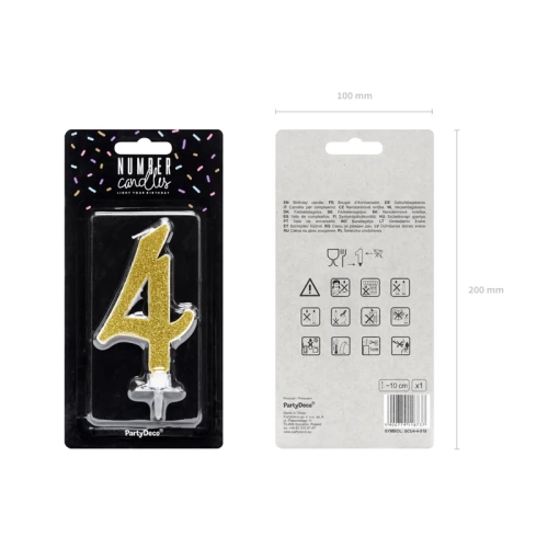 Lumânare pentru tort cifră 4, aurie cu sclipici, 10 cm