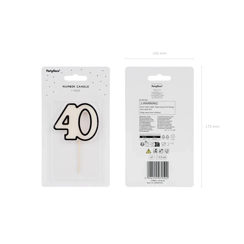 Lumânare pentru tort, cifră 40, alb-negru