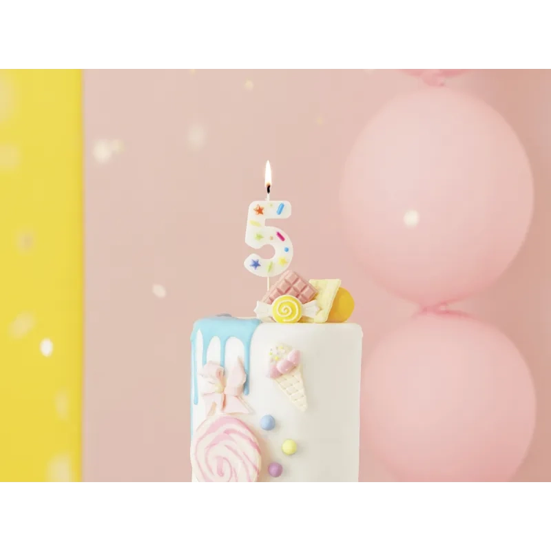 Lumânare de tort cifră 5, albă cu confetti