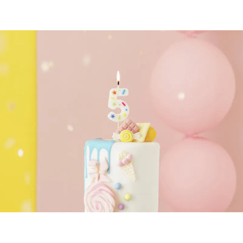 Sviečka na tortu číslo 5 biela s konfetami