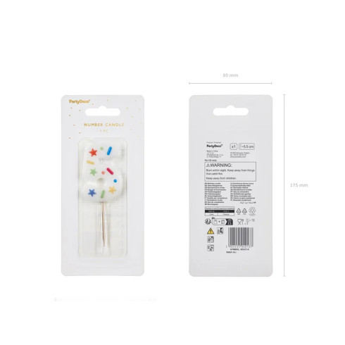 Sviečka na tortu číslo 5 biela s konfetami