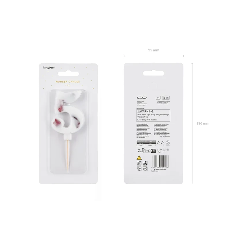 Tortagyertya 5-ös szám, fehér virágmintával, 8 cm