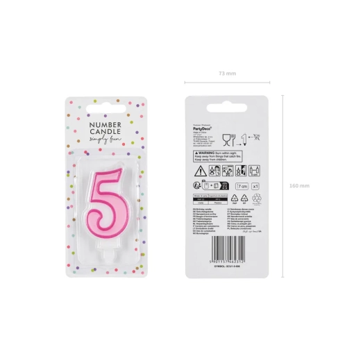 Lumânare pentru tort, cifra 5, roz, 7 cm