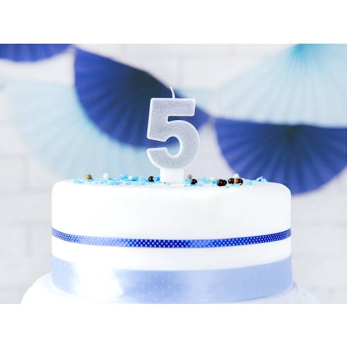 Lumânare pentru tort cifră 5, argintie cu sclipici