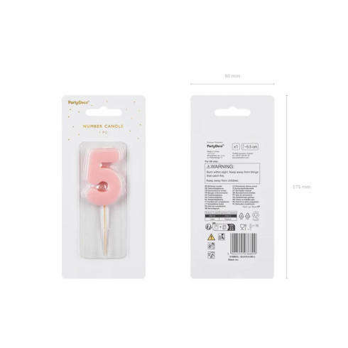 Sviečka na tortu číslo 5 svetloružová