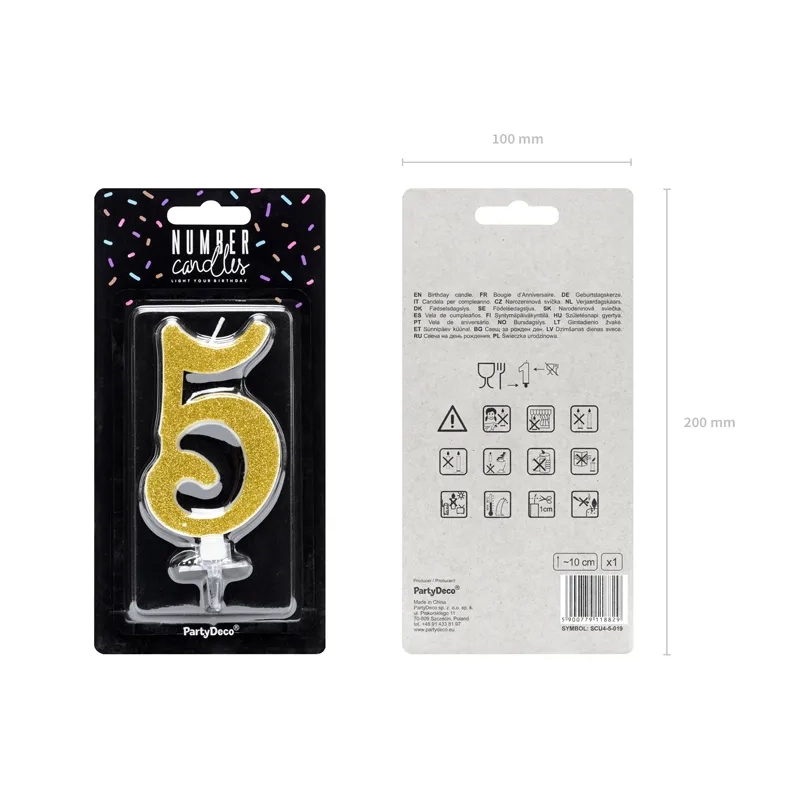 Lumânare pentru tort cifră 5, aurie cu sclipici