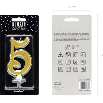 Zlatna svjećica za tortu broj 5 s glitterom