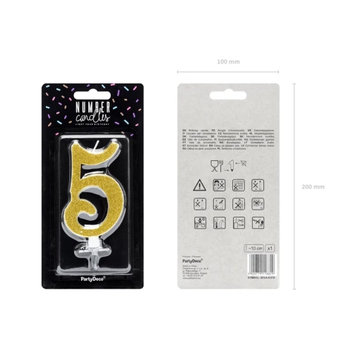 Lumânare pentru tort cifră 5, aurie cu sclipici