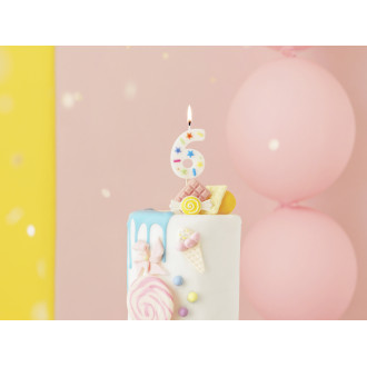 Svíčka na dort číslo 6 bílá s konfety