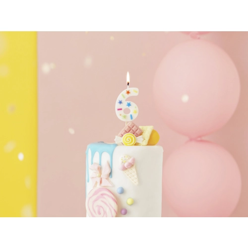 Lumânare pentru tort, cifra 6, albă cu confetti