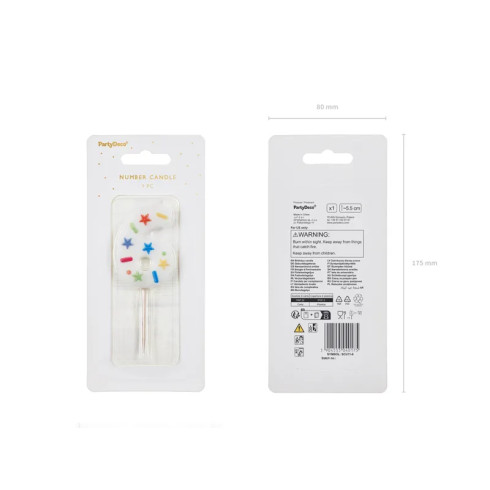 Svíčka na dort číslo 6 bílá s konfety