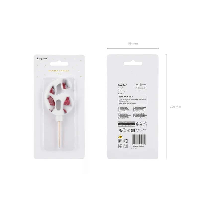 Fehér, virágmintás 6-os tortagyertya, 8 cm