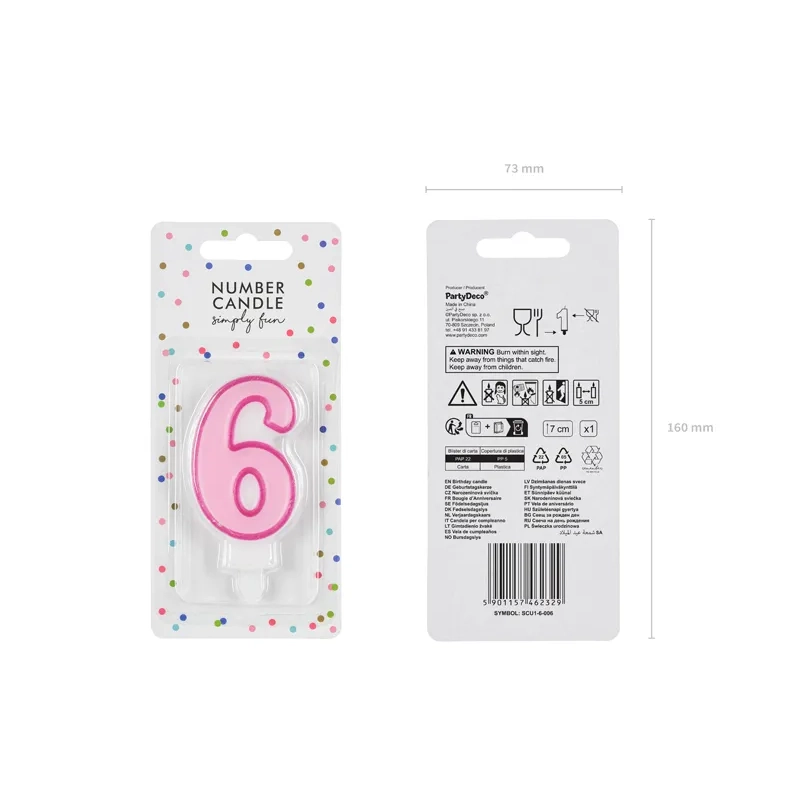 Rózsaszín tortagyertya 6-os szám, 7 cm