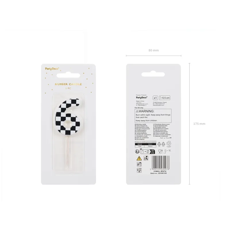 Tortagyertya 6-os számmal és kockás zászlóval 5,5 cm vegyes