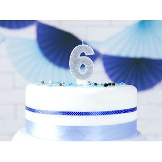 Sviečka na tortu číslo 6 strieborná trblietavá