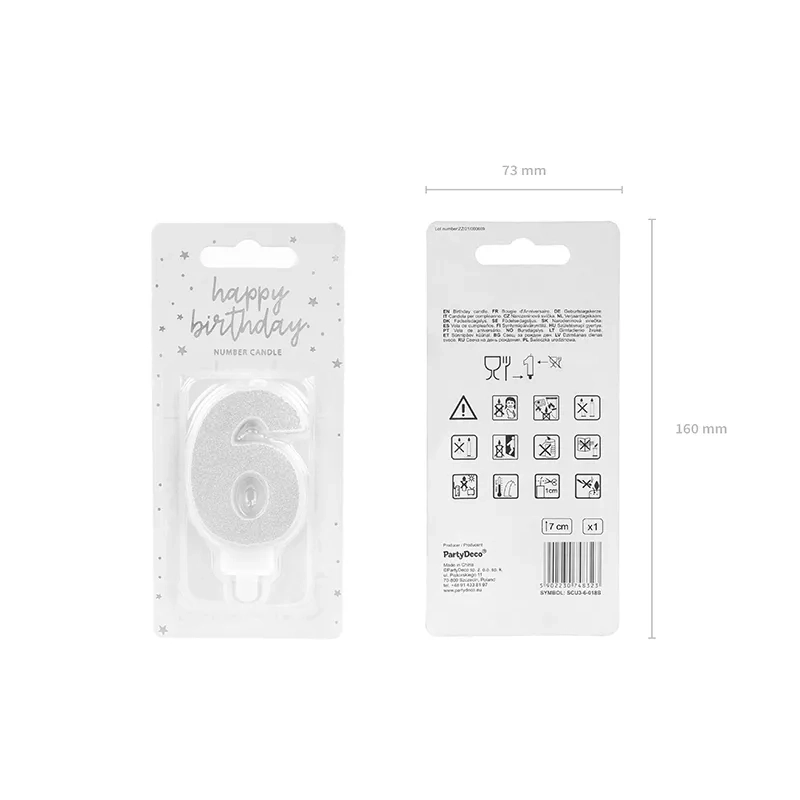 Csillogó ezüst tortagyertya 6-os szám