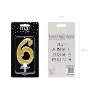 Sviečka na tortu číslo 6 zlatá glitrová