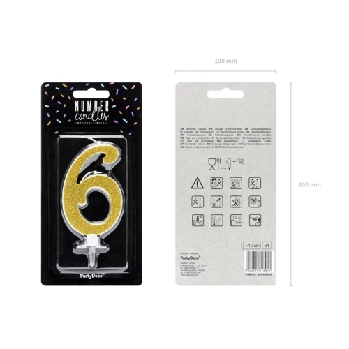 Svijeća za tortu broj 6 zlatna s glitterom