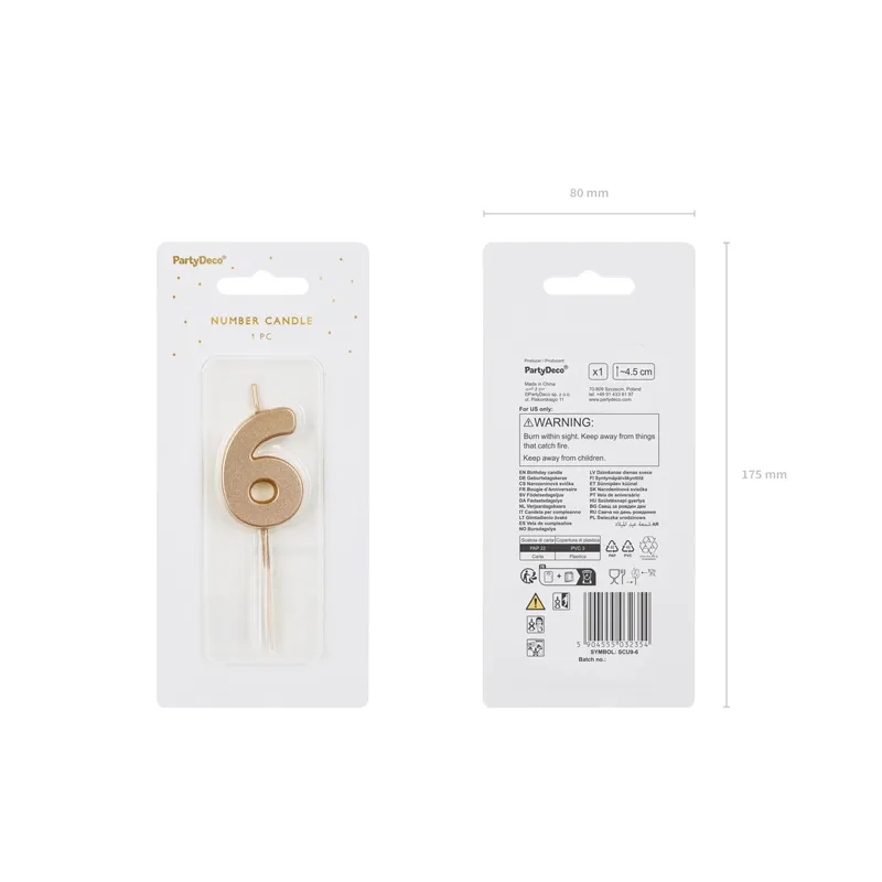 Arany szülinapi tortagyertya 6-os szám