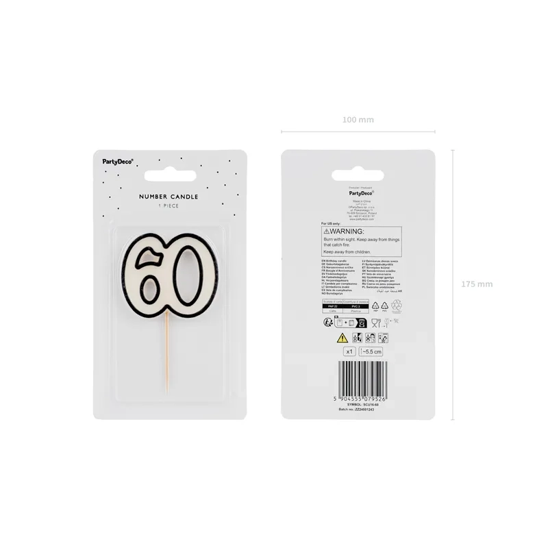 Lumânare pentru tort cifră 60 negru-alb