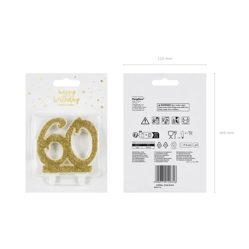Lumânare pentru tort cifră 60, aurie