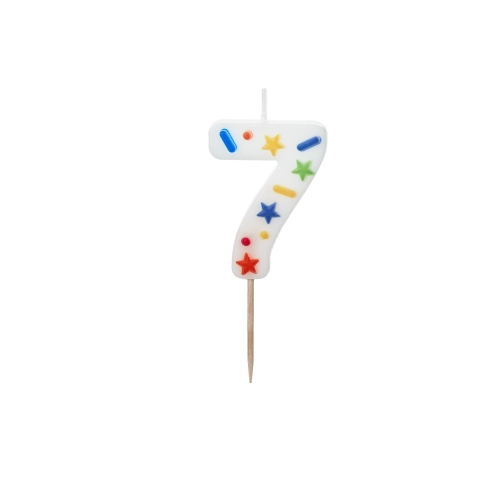 Lumânare pentru tort, cifră 7, albă cu confetti