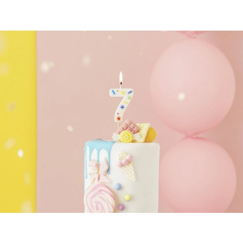 Lumânare pentru tort, cifră 7, albă cu confetti