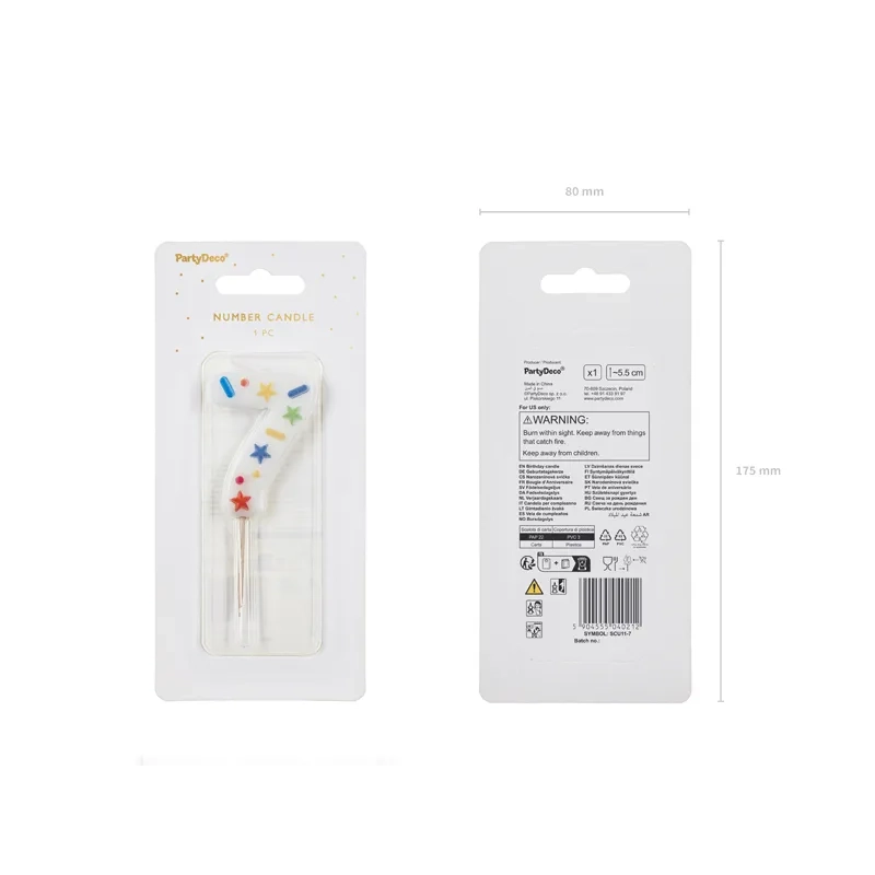 Lumânare pentru tort, cifră 7, albă cu confetti