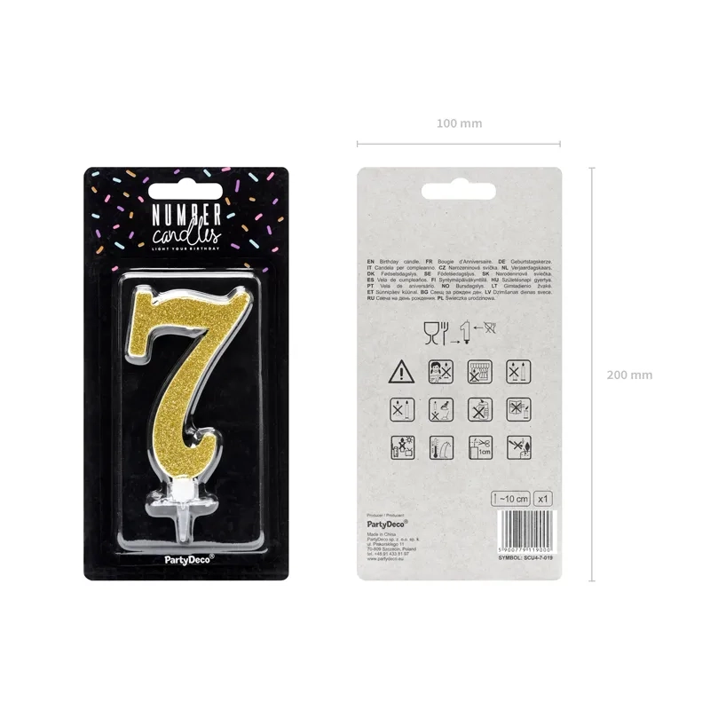 Lumânare pentru tort, cifră 7, aurie cu sclipici