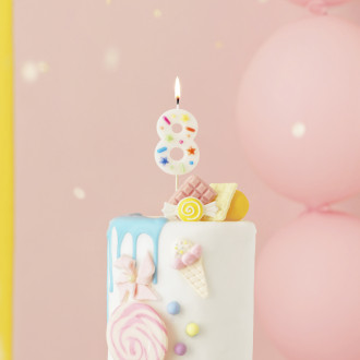 Svíčka na dort číslo 8 bílá s konfetami