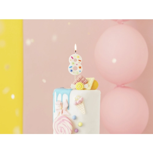 Lumânare de tort cifră 8 albă cu confetti