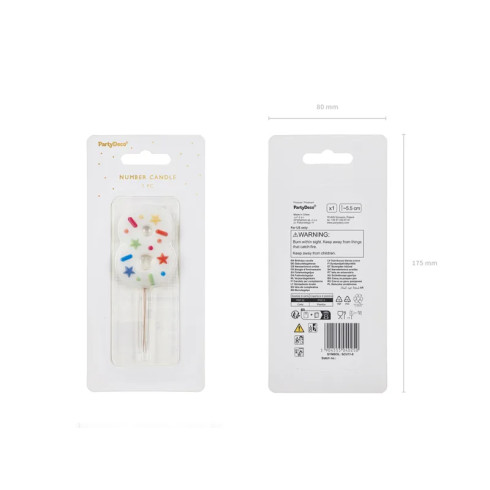 Svíčka na dort číslo 8 bílá s konfetami