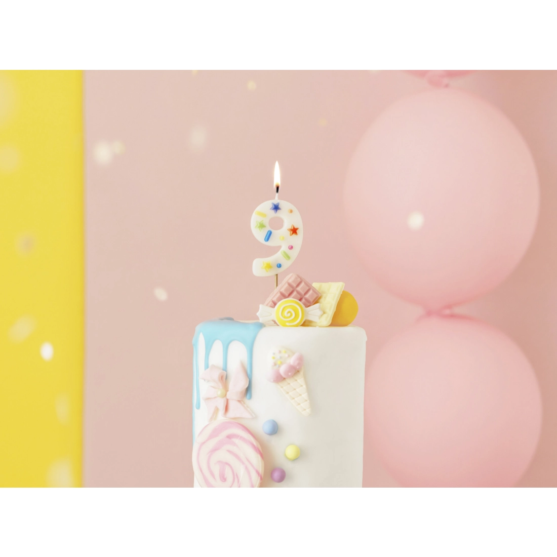 Lumânare de tort cifră 9 albă cu confetti