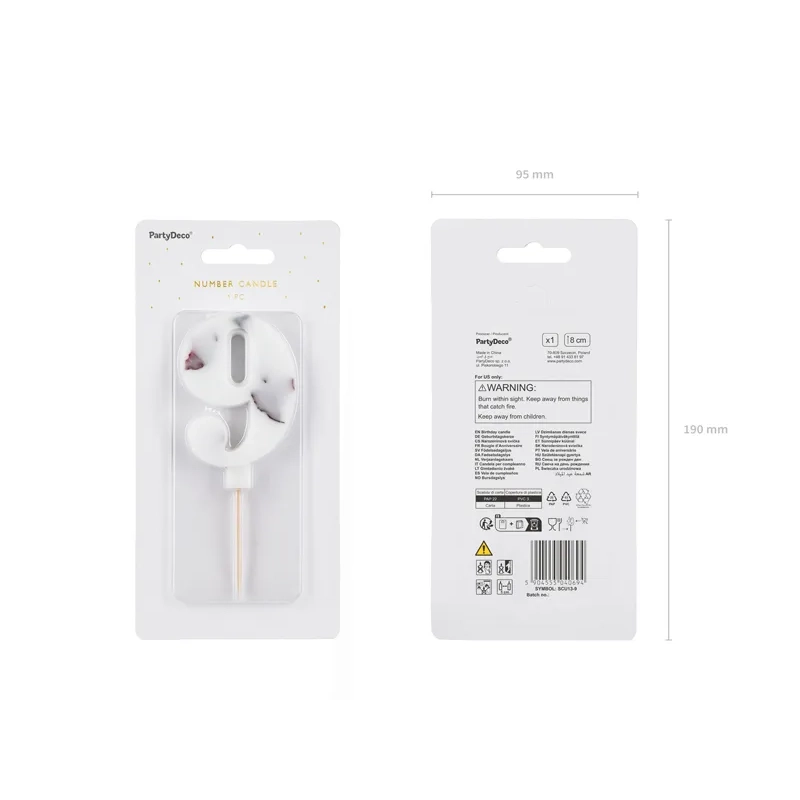 Tortagyertya 9-es szám, fehér virágmintával, 8 cm