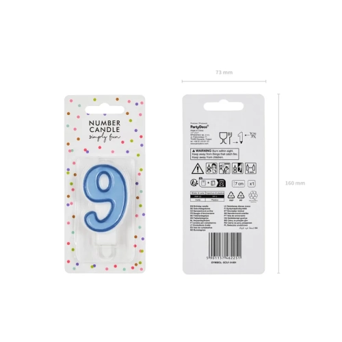 Lumânare pentru tort, cifră 9, albastră, 7 cm