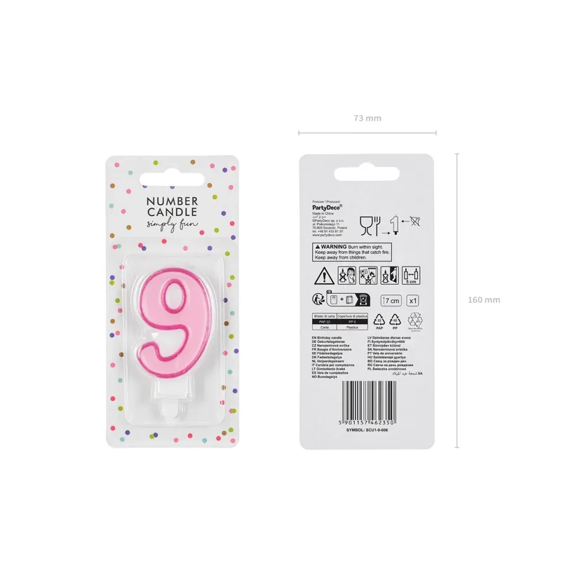 Rózsaszín 9-es tortagyertya, 7 cm