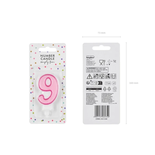Lumânare pentru tort, cifra 9, roz, 7 cm