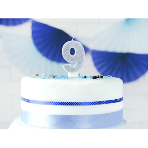 Svíčka na dort číslo 9 stříbrná 7 cm