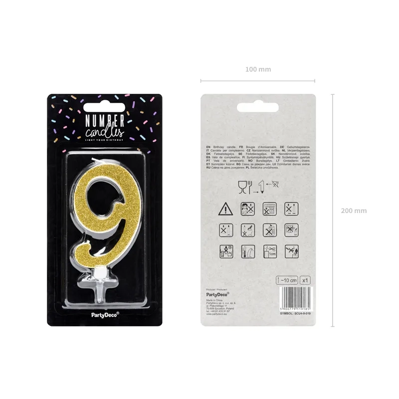 Lumânare pentru tort cifră 9 aurie cu sclipici