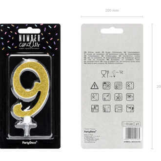 Svíčka na dort číslo 9 zlatá třpytivá