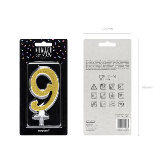 Sviečka na tortu číslo 9 zlatá trblietavá