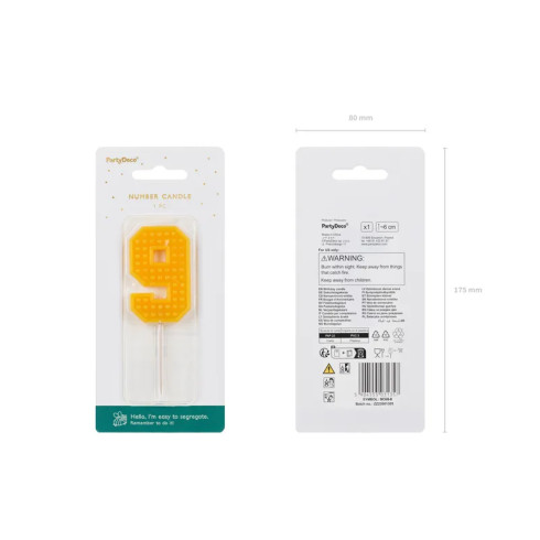 Svíčka na dort číslo 9 žlutá 6 cm