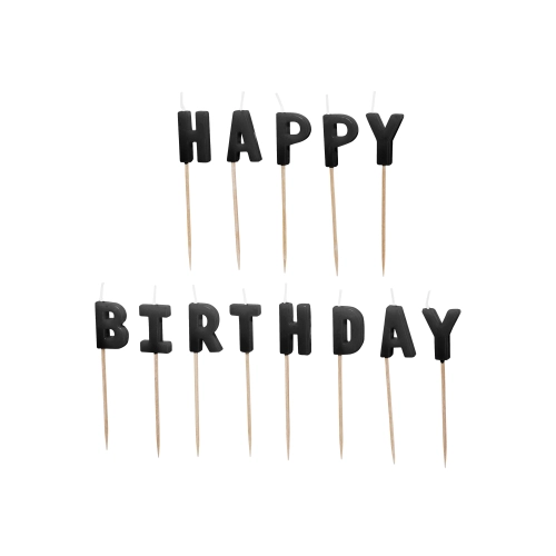 Lumânări pentru tort „Happy Birthday” negre, set 13 bucăți