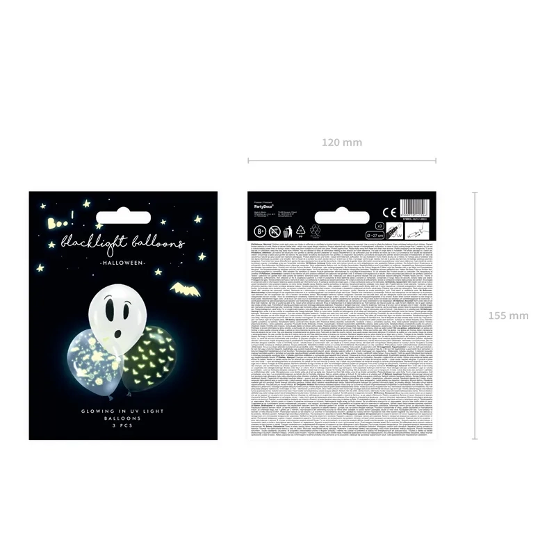 Világító Halloween lufik 27 cm – vegyes minták, 3 db