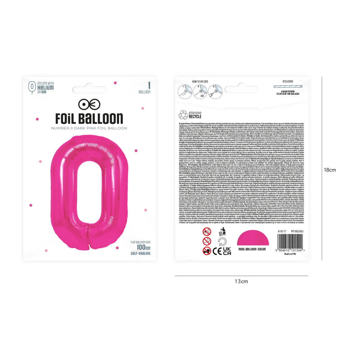 Sötét rózsaszín szülinapi lufiszám 0, 100 cm